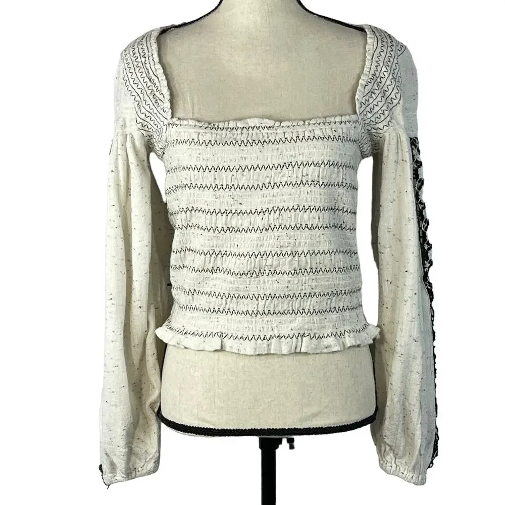 Free People Maggie Medium Embroidered Top Square Neck Smocked Puff Sleeves Ivory